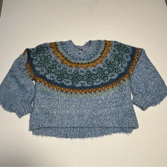 Free People Festive Frost Pullover Sweater - Ice Blue Combo - Sz Medium - Picture 7 of 11